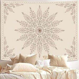 Boho Mandala Tapestry Beige Aesthetic Wall Art Bedroom Dorm Vibes 40” x 30” inch